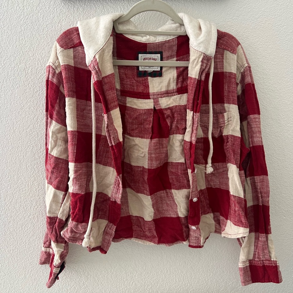 American eagle cropped plaid button down with hood